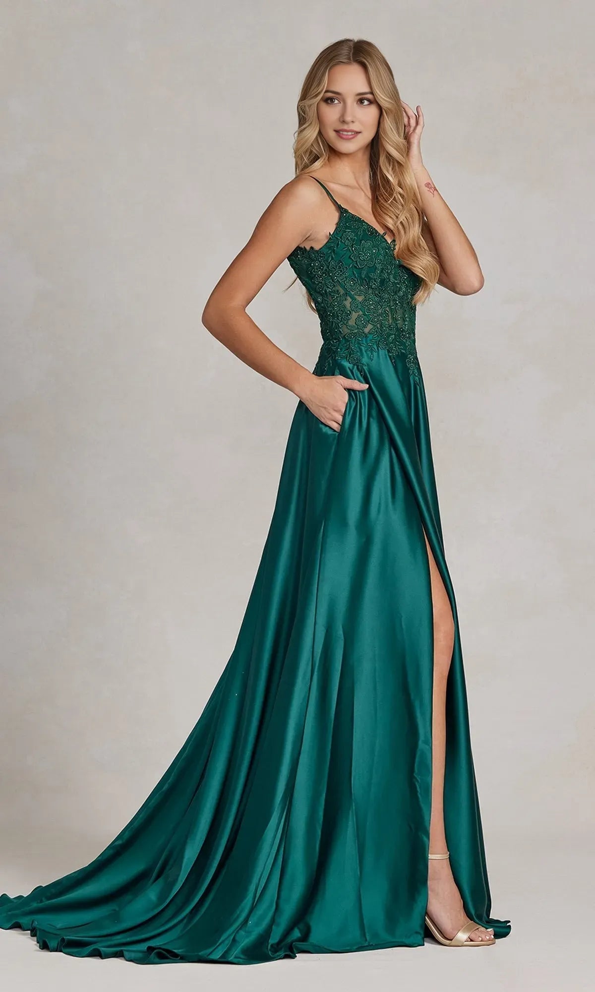 Elegant Emerald A-Line V-Neck Sleeveless Back Zip Floor-Length Beaded Satin High Slit Prom Dress with Sheer-Lace Bodice