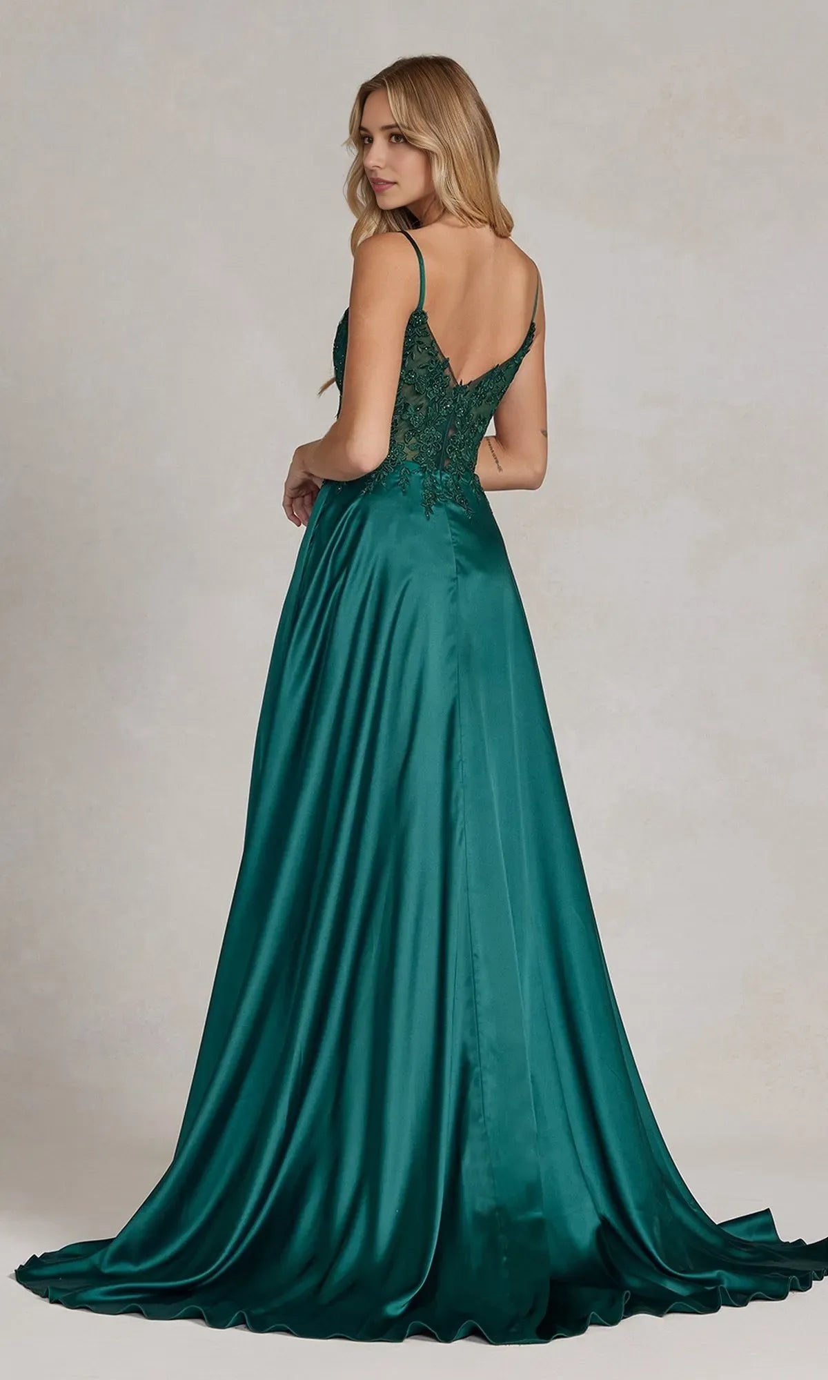 Elegant Emerald A-Line V-Neck Sleeveless Back Zip Floor-Length Beaded Satin High Slit Prom Dress with Sheer-Lace Bodice