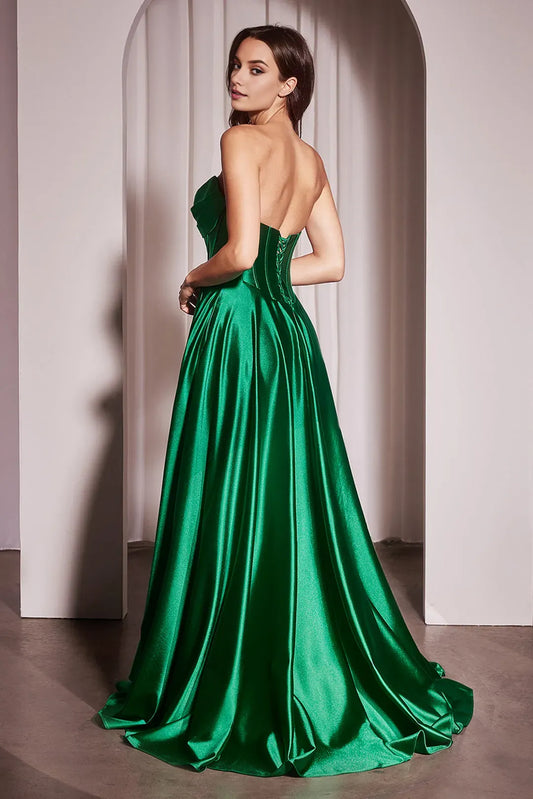 Elegant Emerald A-Line sweetheart Satin Strapless Lace Up Floor length side leg slit prom dress for women buy