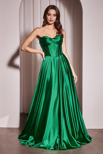 Elegant Emerald A-Line sweetheart Satin Strapless Lace Up Floor length side leg slit prom dress for women buy