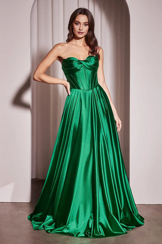 Elegant Emerald A-Line sweetheart Satin Strapless Lace Up Floor length side leg slit prom dress for women buy