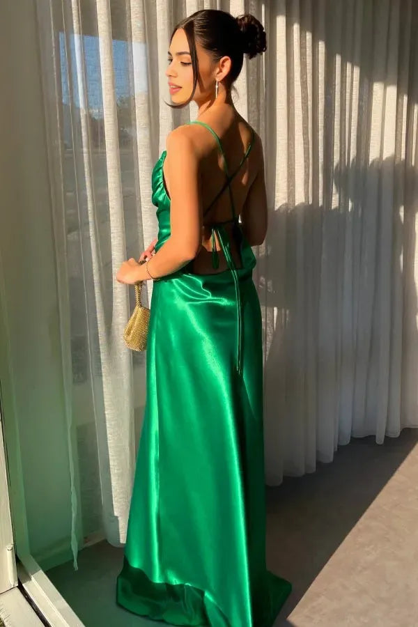 Elegant Emerald Green Sheath Satin Cowl Neck Spaghetti Strap Crisscross Back Floor Length Prom Dress