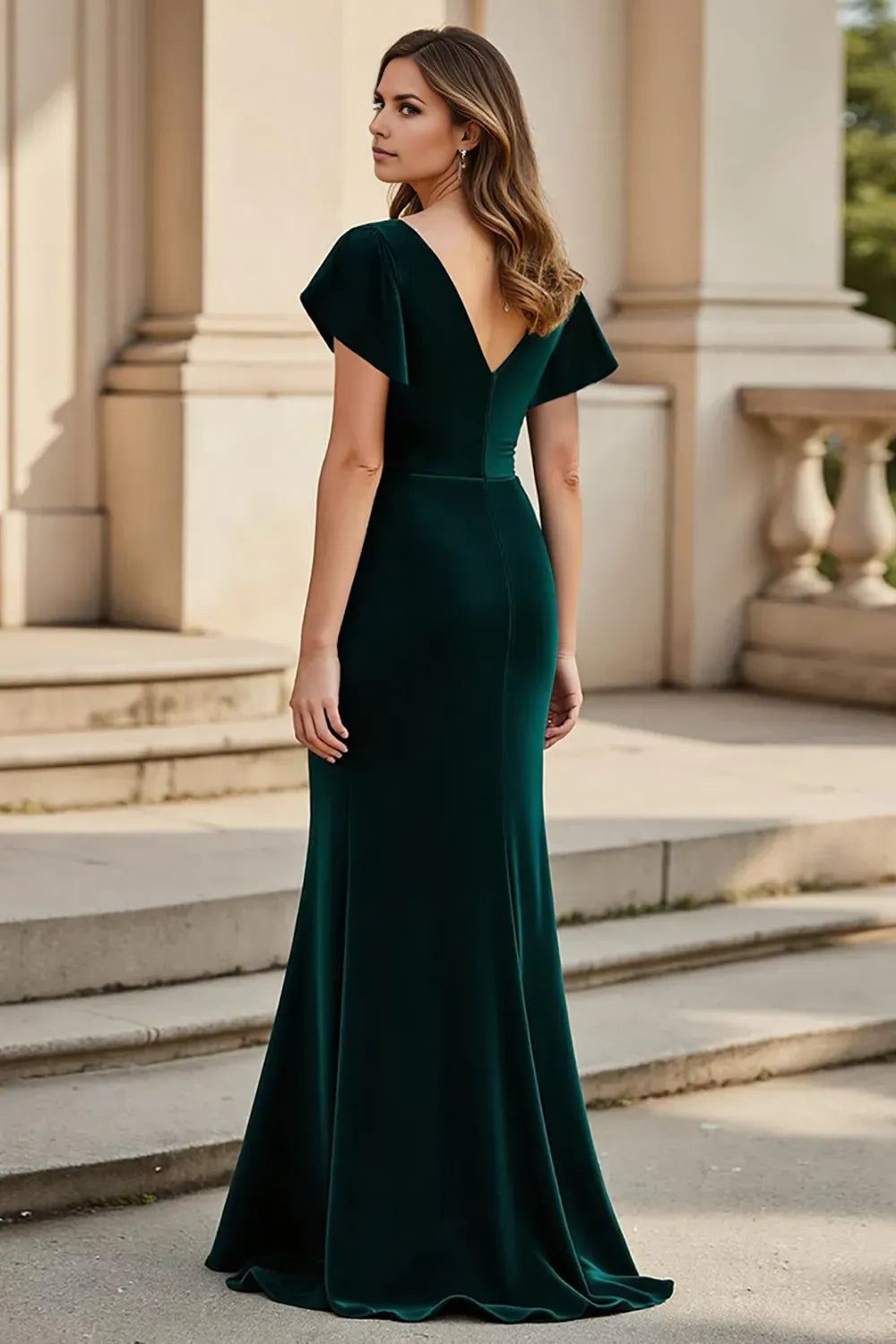 Elegant Emerald Green V-Neck Short Sleeve Ruffled Mermaid Mother of the Bride Dress hot sale
