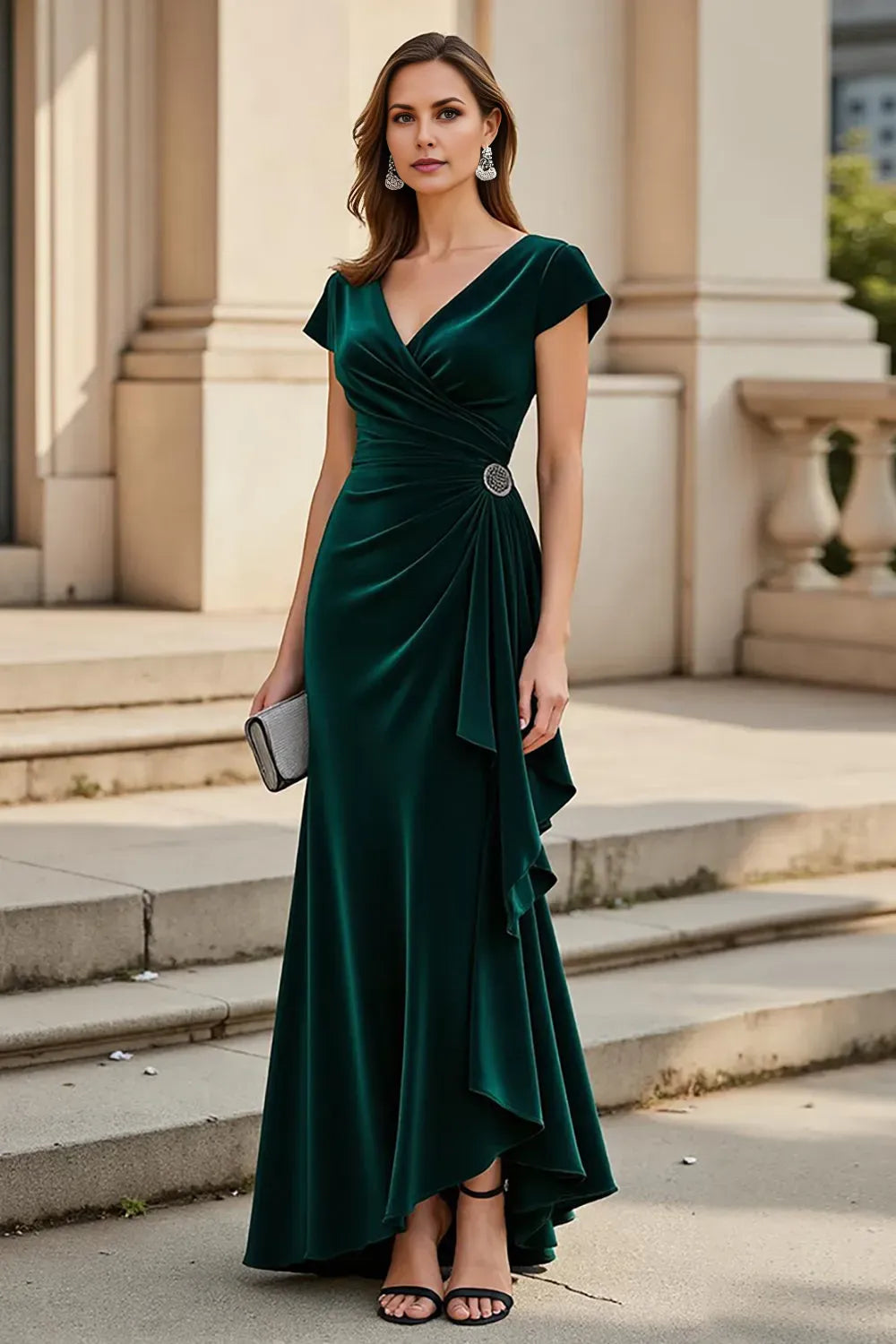 Elegant Emerald Green V-Neck Short Sleeve Ruffled Mermaid Mother of the Bride Dress hot sale