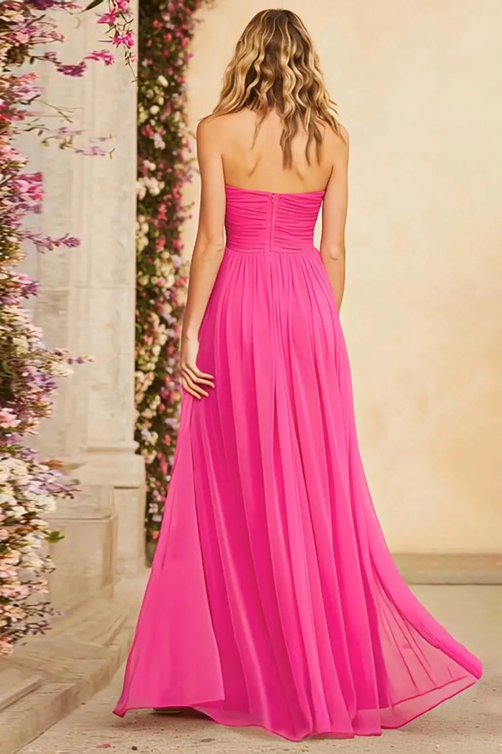 Elegant Fuchsia A-Line Halter Neck Sleeveless Ruched Back Zip High Slit Floor-Length Chiffon Prom Dress