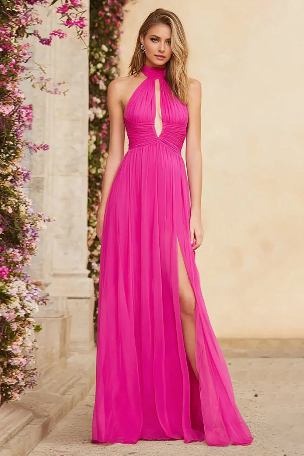 Elegant Fuchsia A-Line Halter Neck Sleeveless Ruched Back Zip High Slit Floor-Length Chiffon Prom Dress