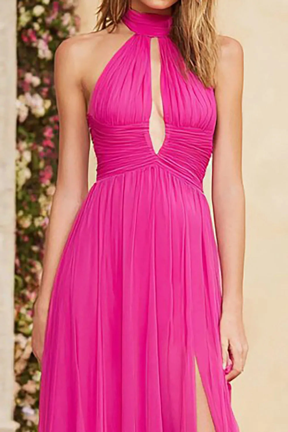 Elegant Fuchsia A-Line Halter Neck Sleeveless Ruched Back Zip High Slit Floor-Length Chiffon Prom Dress