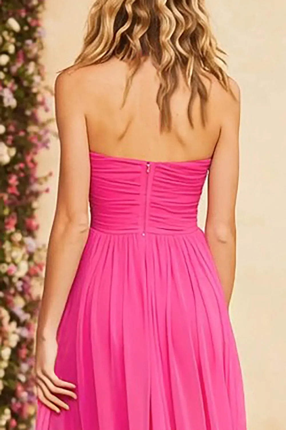 Elegant Fuchsia A-Line Halter Neck Sleeveless Ruched Back Zip High Slit Floor-Length Chiffon Prom Dress