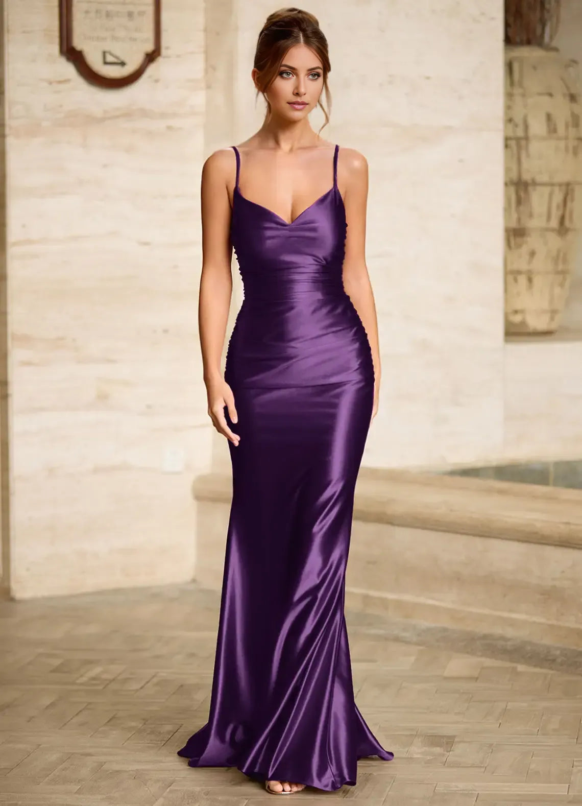 Elegant Grape Mermaid V-Neck Spaghetti-Strap Floor-Length Satin Prom Dress with Crisscross Lace-Up Back