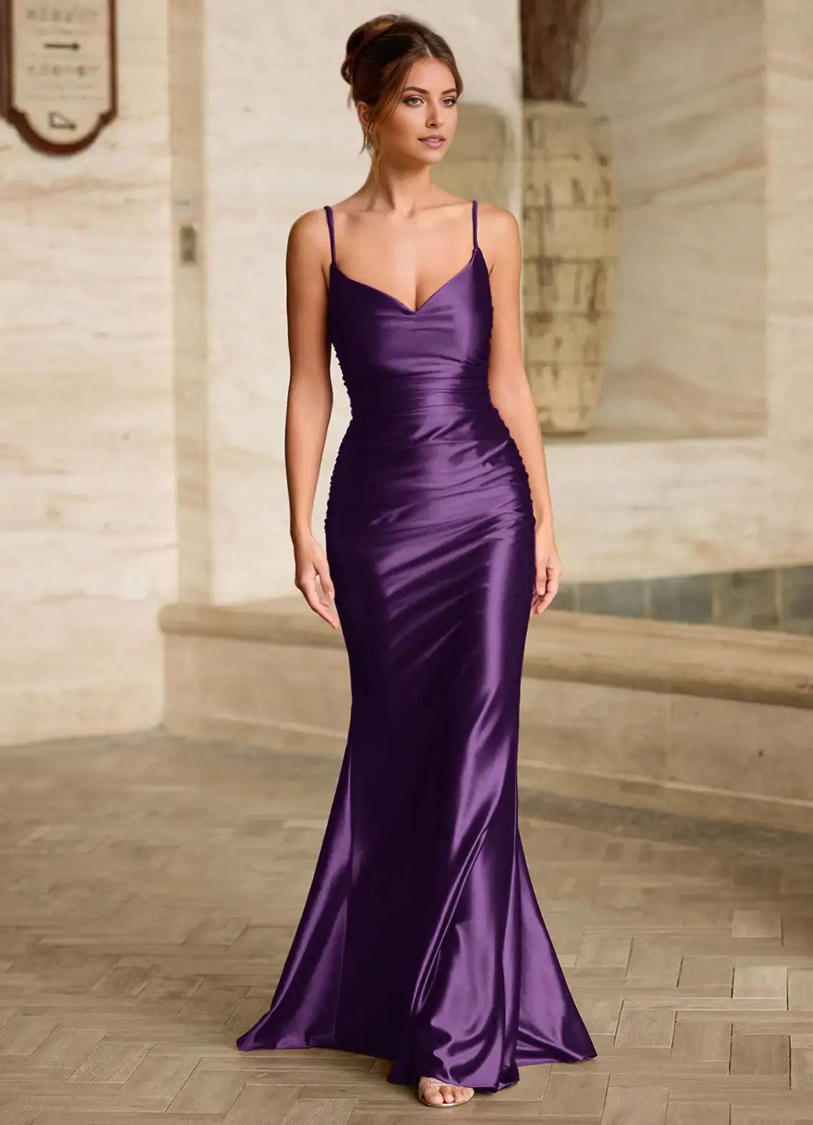 Elegant Grape Mermaid V-Neck Spaghetti-Strap Floor-Length Satin Prom Dress with Crisscross Lace-Up Back