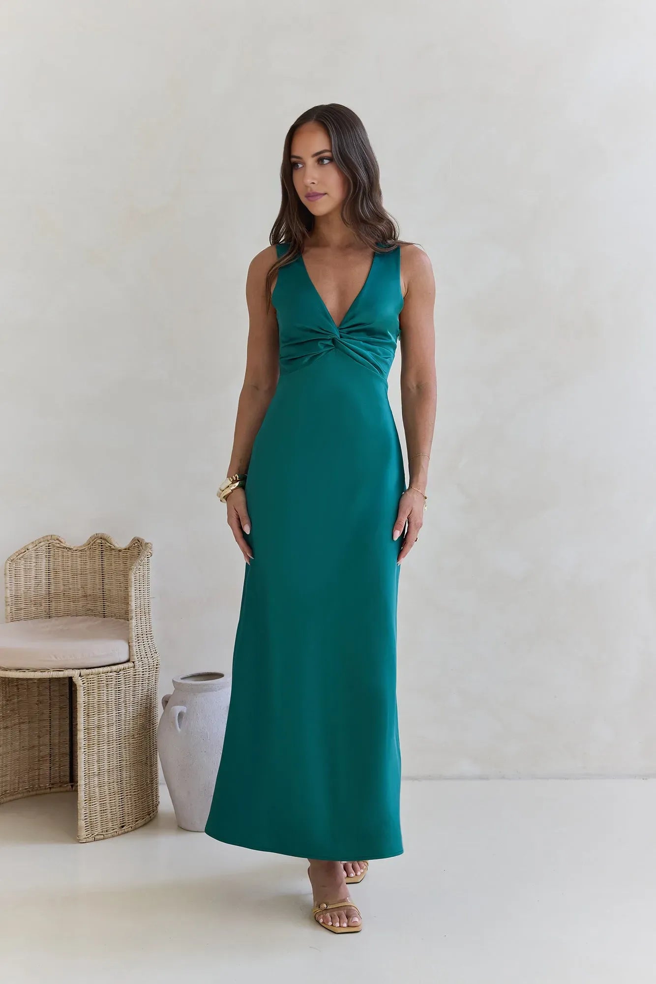 Elegant Green A-Line Twist Neckline Sleeveless Crisscross-Back Satin Ankle-Length Prom Dresses