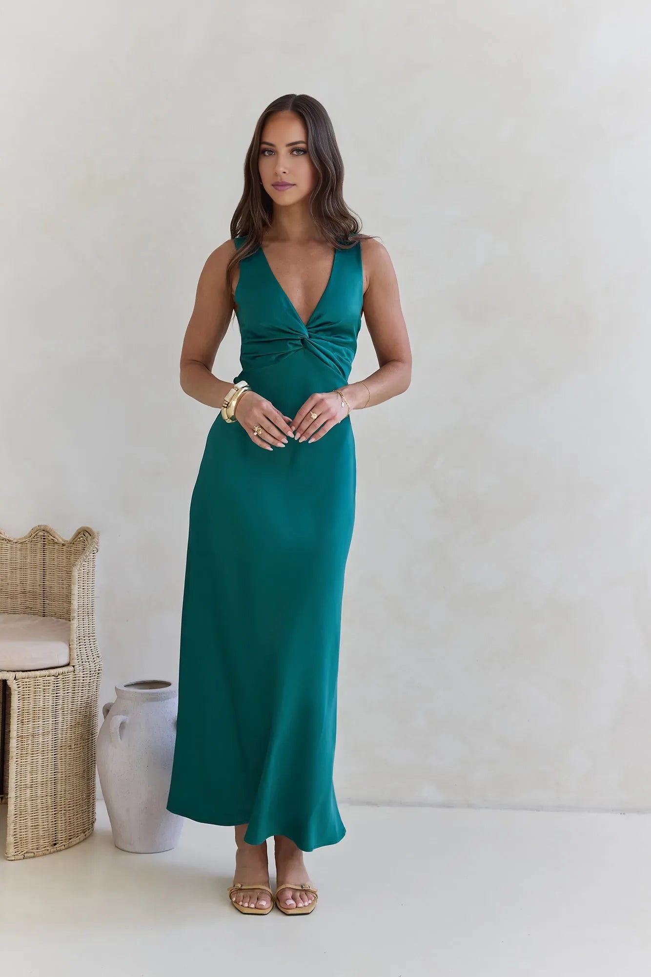 Elegant Green A-Line Twist Neckline Sleeveless Crisscross-Back Satin Ankle-Length Prom Dresses