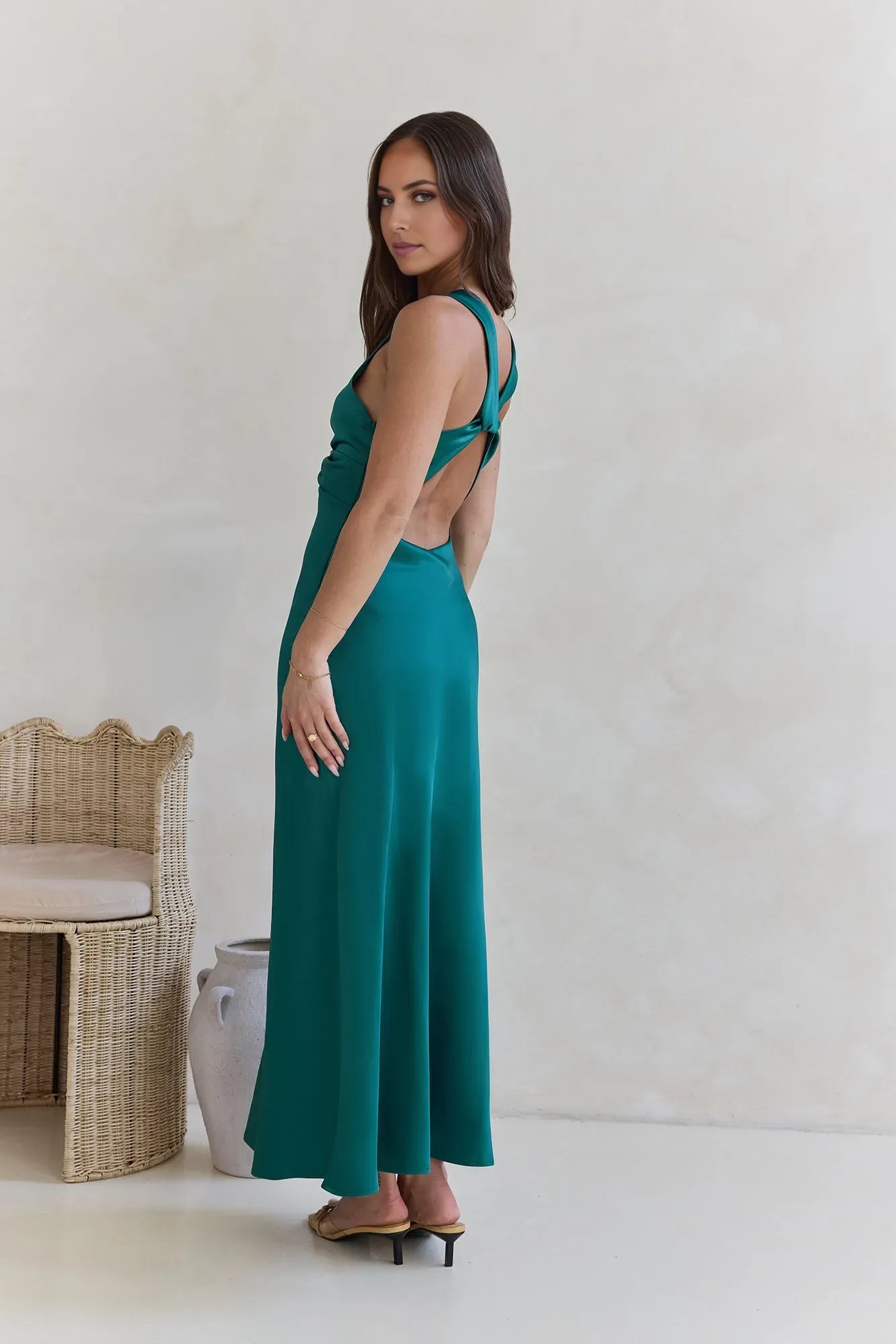 Elegant Green A-Line Twist Neckline Sleeveless Crisscross-Back Satin Ankle-Length Prom Dresses