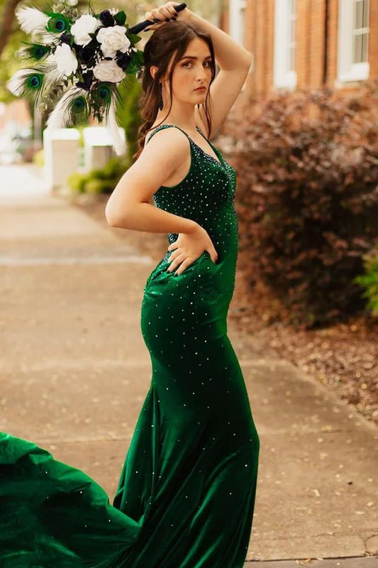 Elegant Green Mermaid Beading Straps Velvet Long Formal Prom Dress
