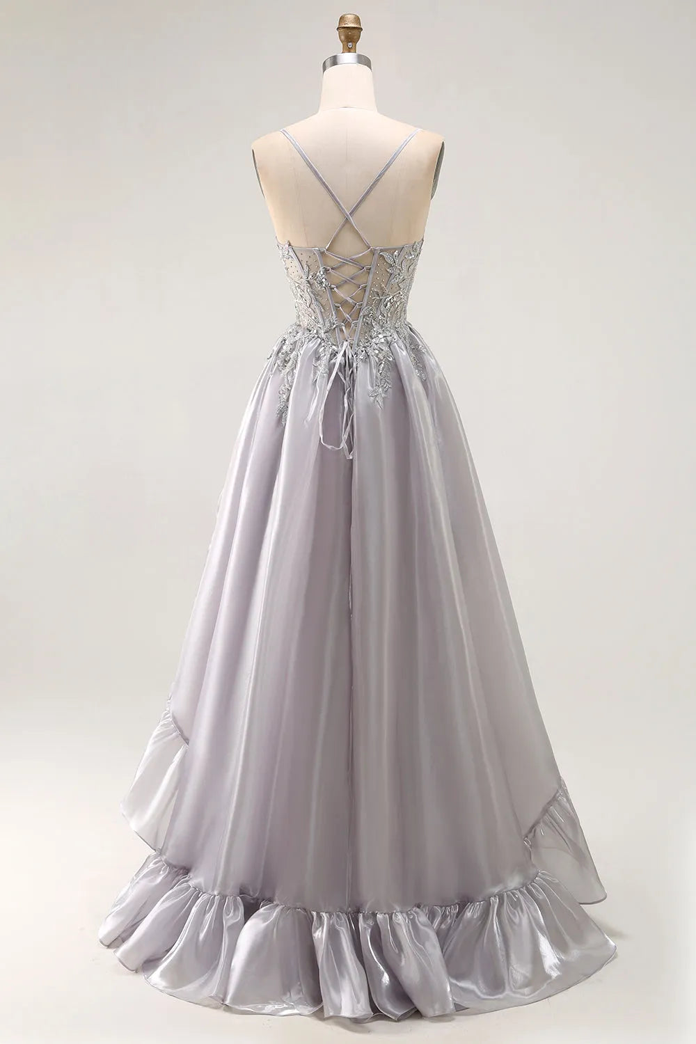 Elegant Grey A Line Sweetheart Neck Spaghetti Strap Ruffled Lace Up Back Floor - Length Prom Dress with Beading
