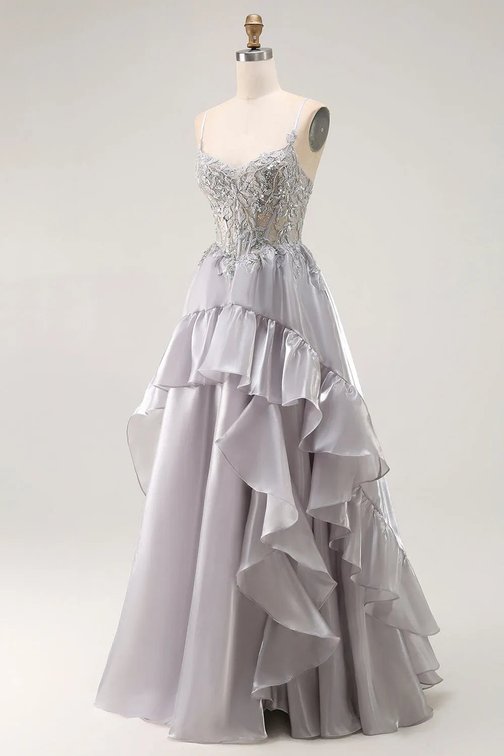 Elegant Grey A Line Sweetheart Neck Spaghetti Strap Ruffled Lace Up Back Floor - Length Prom Dress with Beading