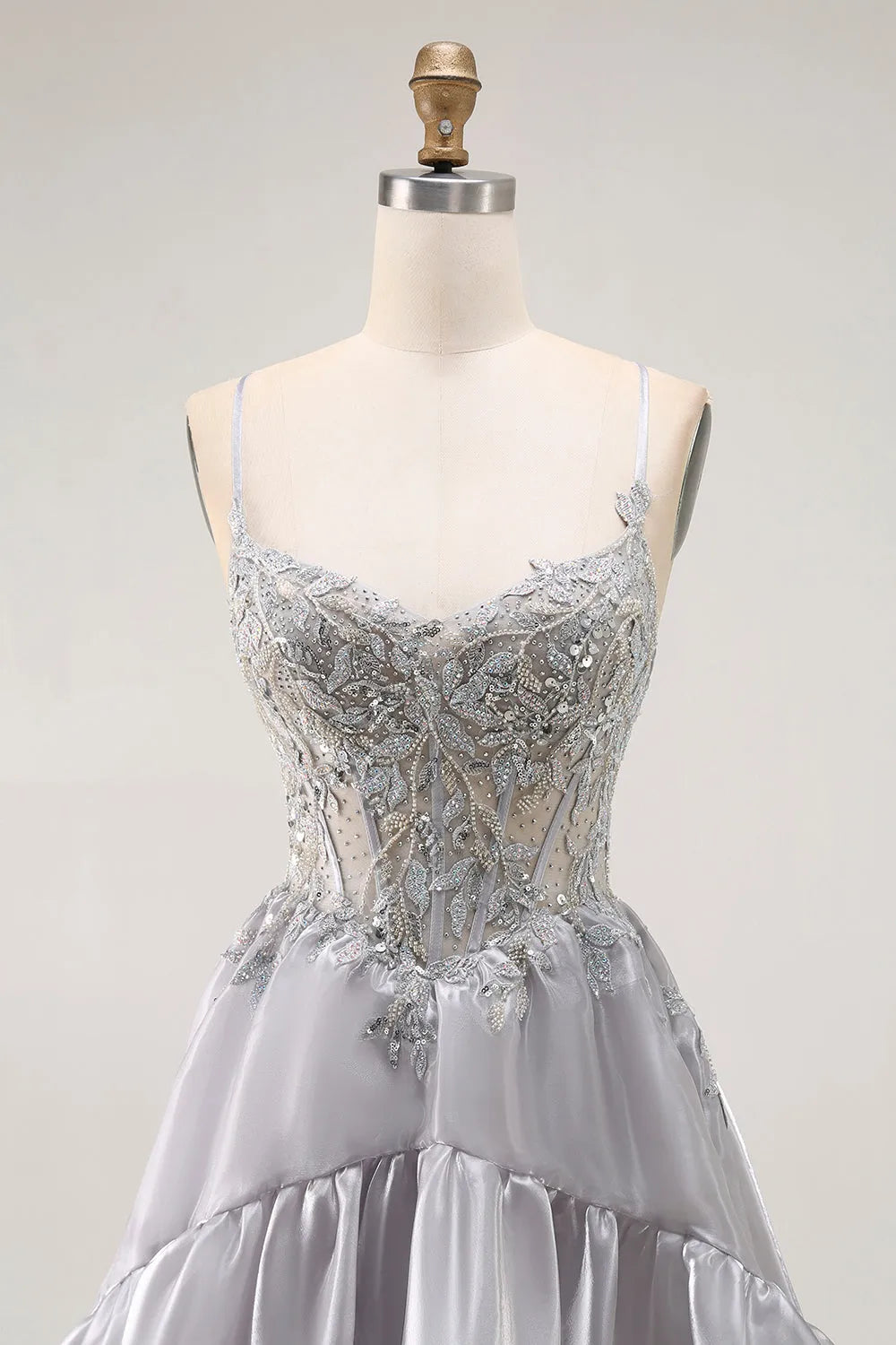 Elegant Grey A Line Sweetheart Neck Spaghetti Strap Ruffled Lace Up Back Floor - Length Prom Dress with Beading