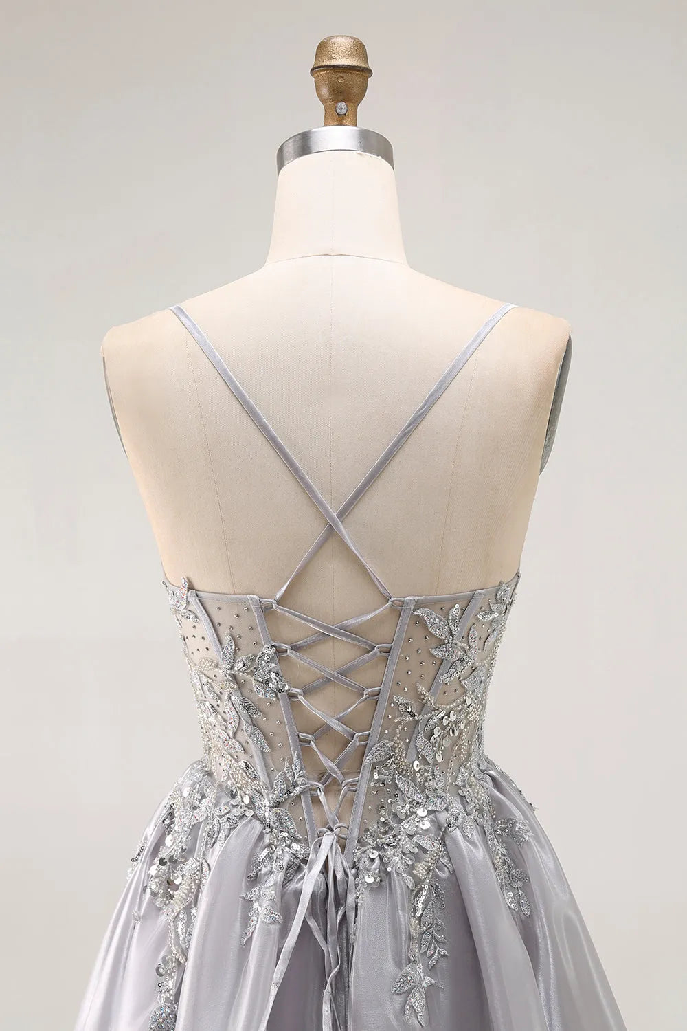 Elegant Grey A Line Sweetheart Neck Spaghetti Strap Ruffled Lace Up Back Floor - Length Prom Dress with Beading