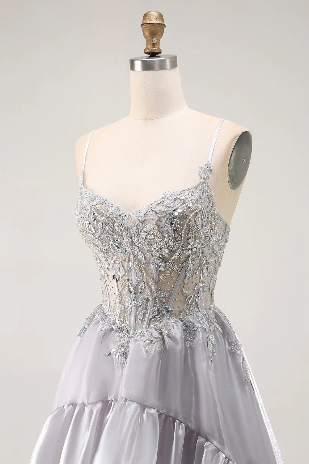 Elegant Grey A Line Sweetheart Neck Spaghetti Strap Ruffled Lace Up Back Floor - Length Prom Dress with Beading