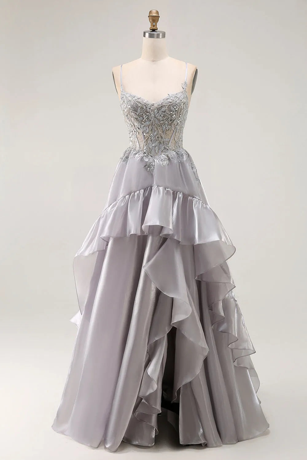 Elegant Grey A Line Sweetheart Neck Spaghetti Strap Ruffled Lace Up Back Floor - Length Prom Dress with Beading