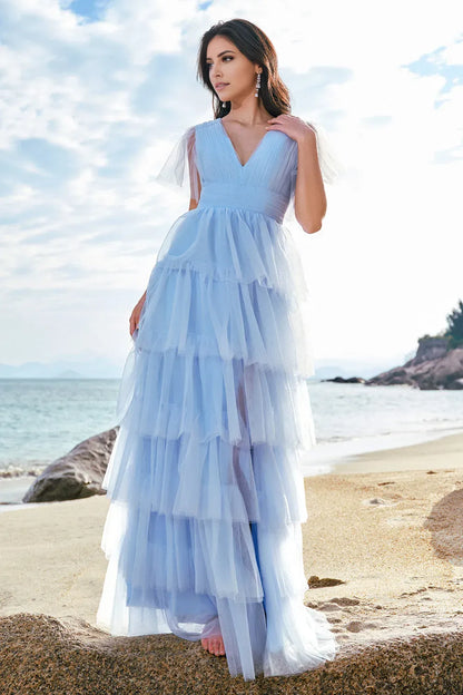 Elegant Grey Blue A-Line V-Neck Tulle Sleeve Back Zip Floor-Length Prom Dresses with Slit