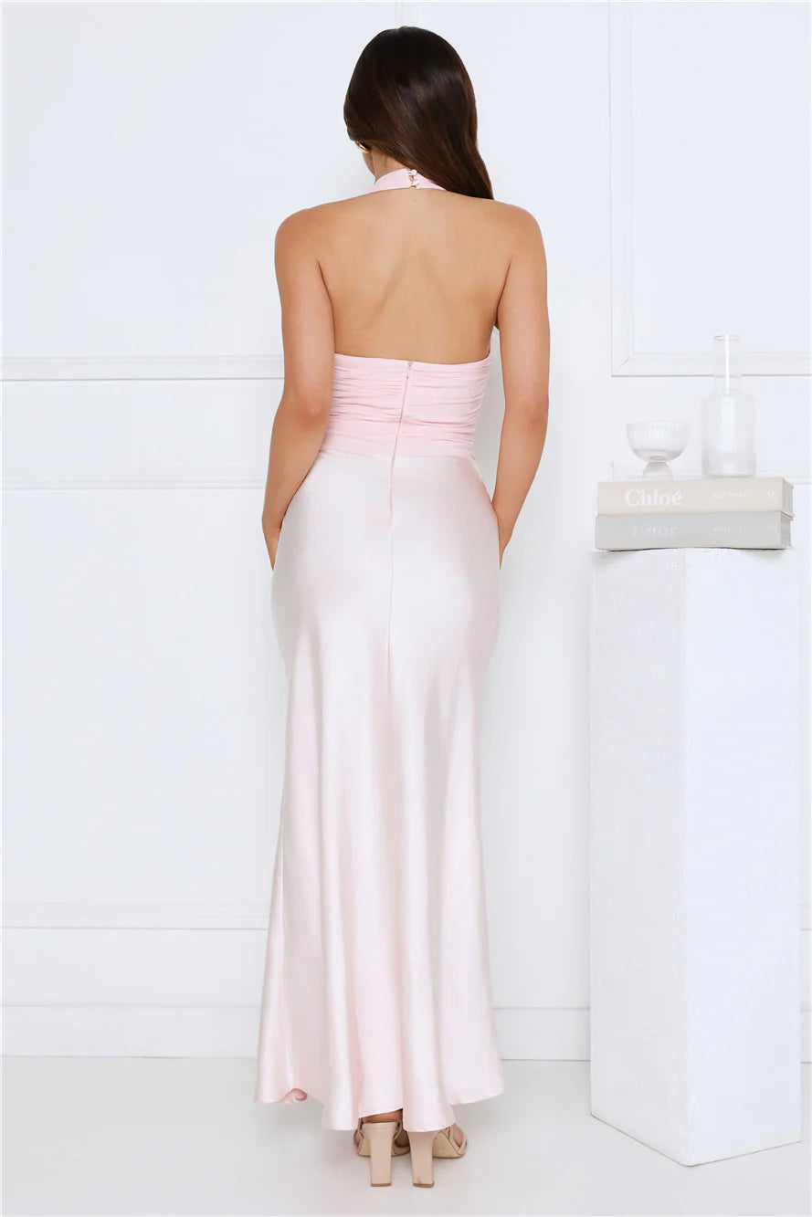 Elegant Halter Neck Floral Applique Satin Mermaid Maxi Evening Dress