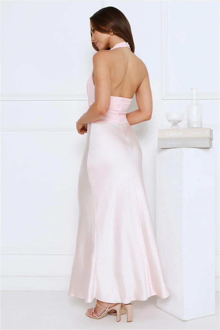 Elegant Halter Neck Floral Applique Satin Mermaid Maxi Evening Dress