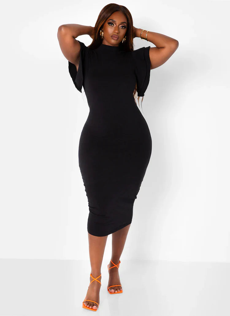 Elegant High Neck Ruffle Sleeve Stretchy Jersey Bodycon Midi Evening Dress