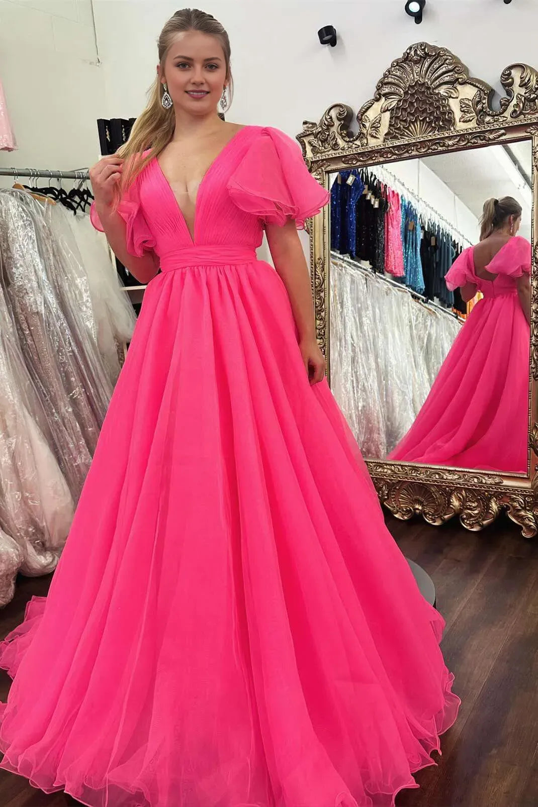 Elegant Hot Pink A-line Deep V-Neck Ruffled Sleeves Corset Bodice Back Zip Floor-Length Prom Dresses ﻿