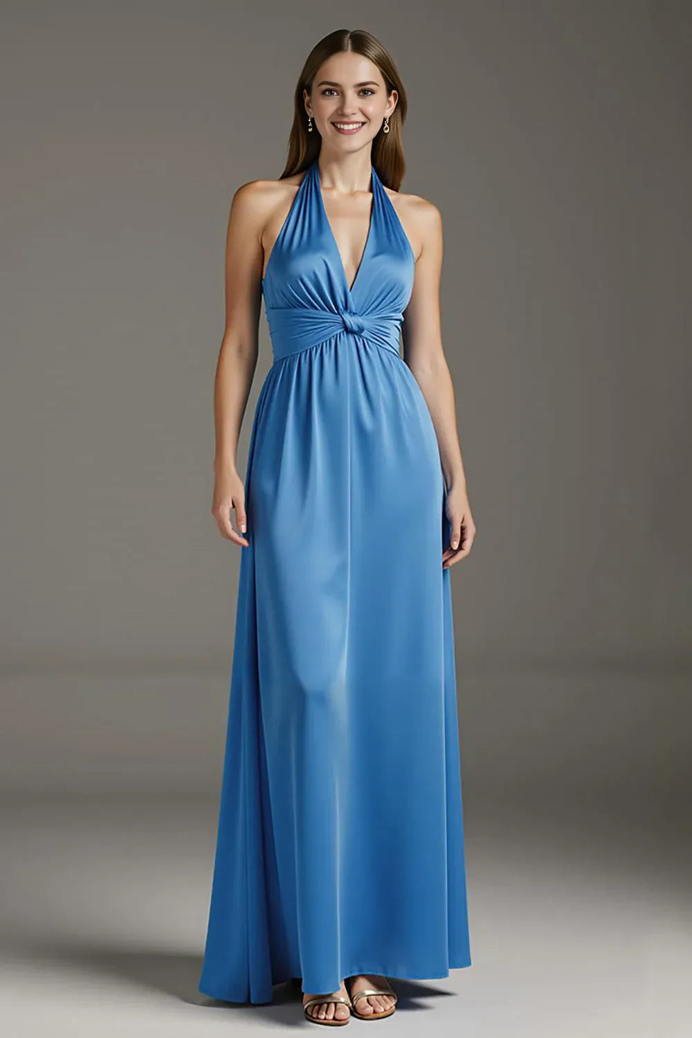 Elegant Lake Blue Mermaid Halter Plunging V-Neck Sleeveless Ruffled Open Back Knot-Embellished Satin Floor-Length Prom Dresses