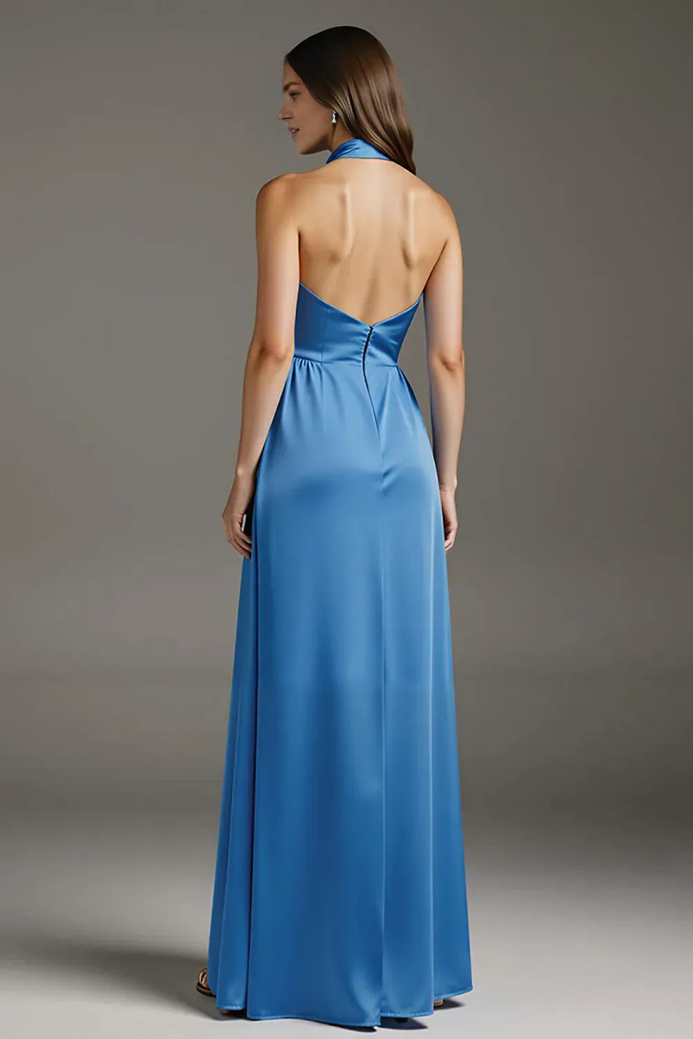 Elegant Lake Blue Mermaid Halter Plunging V-Neck Sleeveless Ruffled Open Back Knot-Embellished Satin Floor-Length Prom Dresses