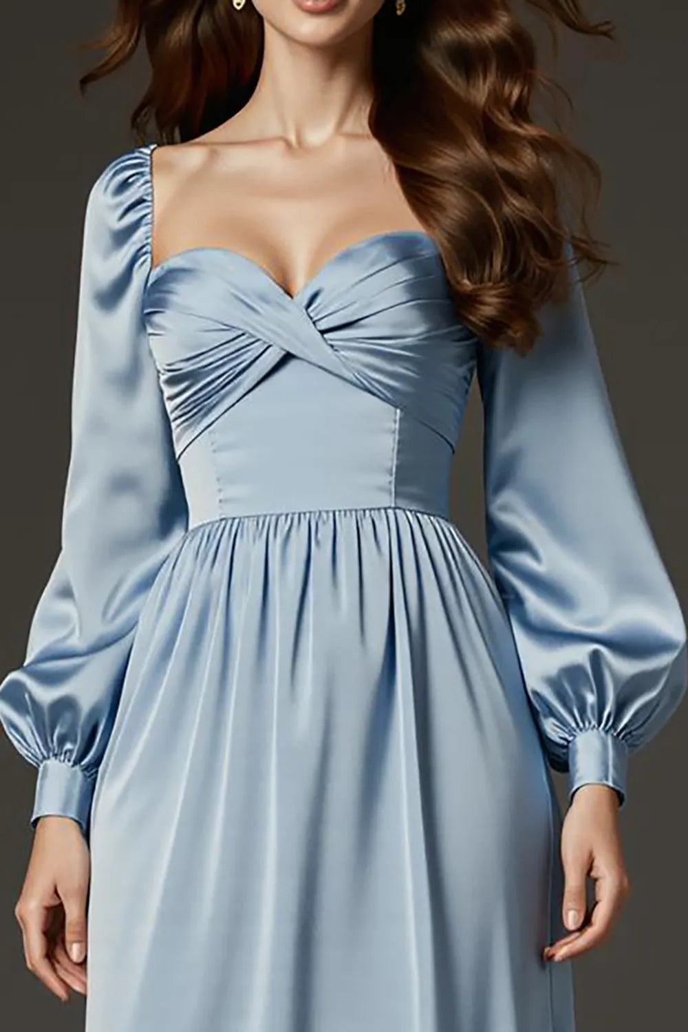 Elegant Light Blue A-Line Sweetheart Neck Puff Sleeve Satin Open-Back Floor-Length Prom Dresses