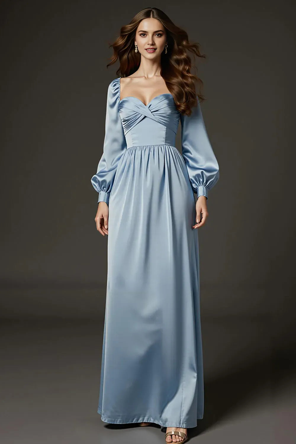 Elegant Light Blue A-Line Sweetheart Neck Puff Sleeve Satin Open-Back Floor-Length Prom Dresses