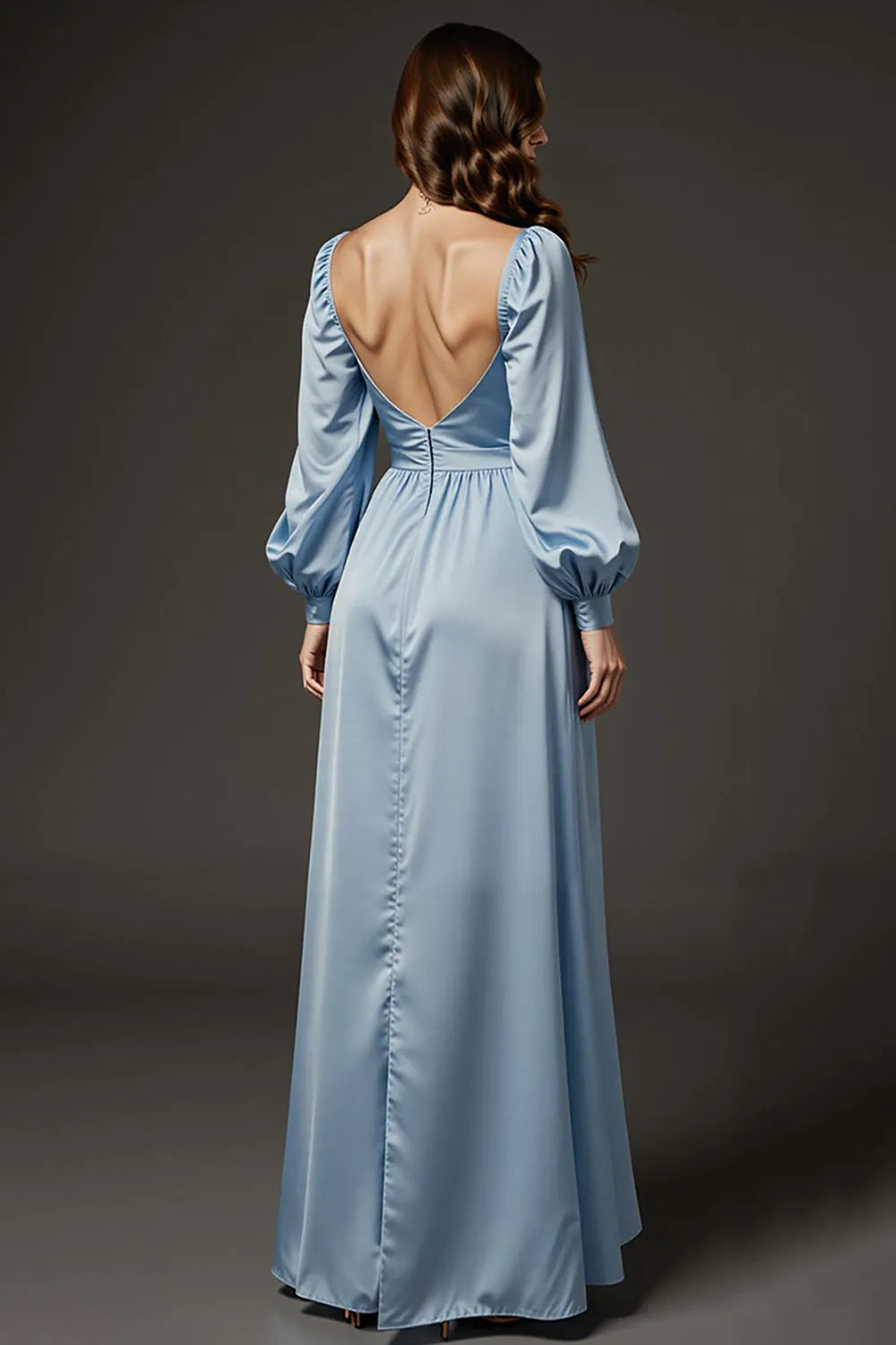 Elegant Light Blue A-Line Sweetheart Neck Puff Sleeve Satin Open-Back Floor-Length Prom Dresses