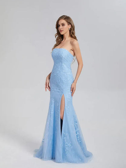 Elegant Light Blue Mermaid Strapless Appliques Lace Prom Dress with Floral and High Slit