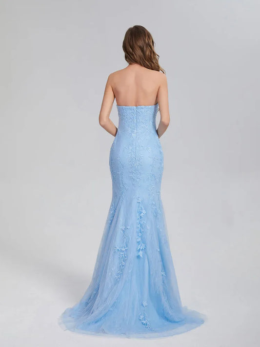 Elegant Light Blue Mermaid Strapless Appliques Lace Prom Dress with Floral and High Slit