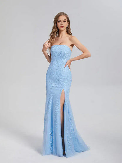 Elegant Light Blue Mermaid Strapless Appliques Lace Prom Dress with Floral and High Slit