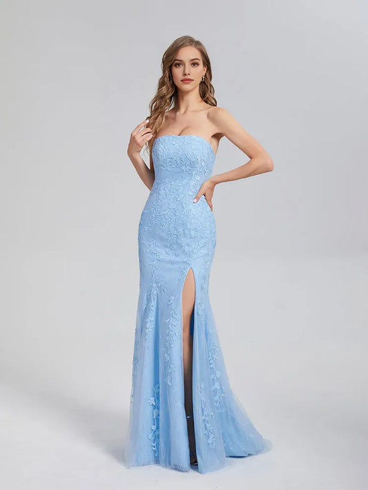 Elegant Light Blue Mermaid Strapless Appliques Lace Prom Dress with Floral and High Slit