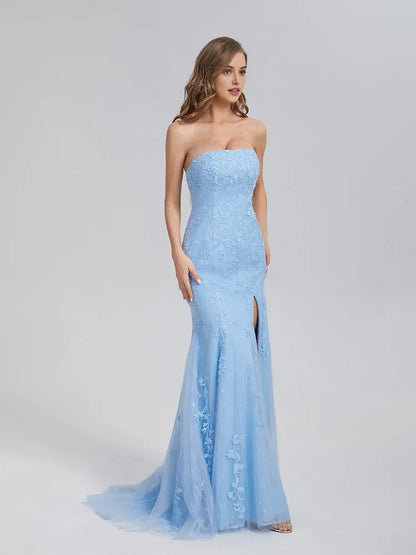 Elegant Light Blue Mermaid Strapless Appliques Lace Prom Dress with Floral and High Slit