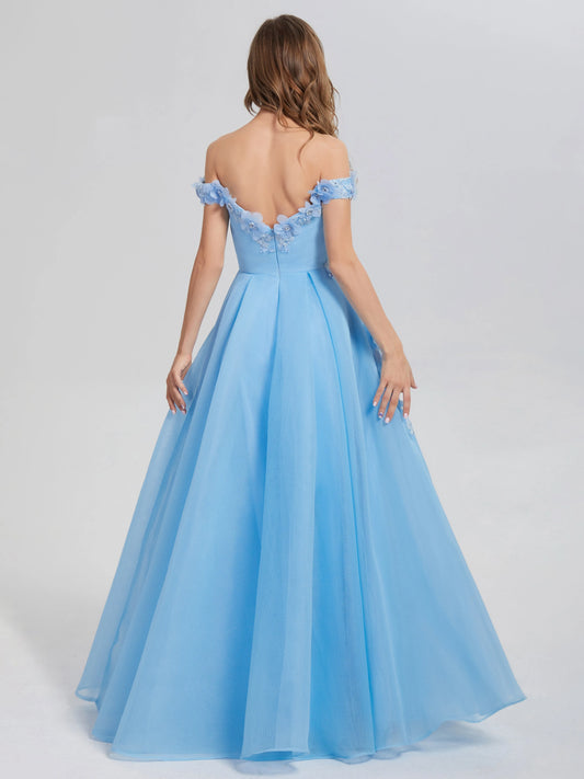 Elegant Light Blue Off - Shoulder A-line Off the Shoulder Appliques Prom Dress with 3D Floral Appliqués and Tulle  Skirt