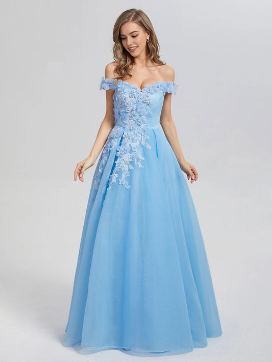 Elegant Light Blue Off - Shoulder A-line Off the Shoulder Appliques Prom Dress with 3D Floral Appliqués and Tulle  Skirt