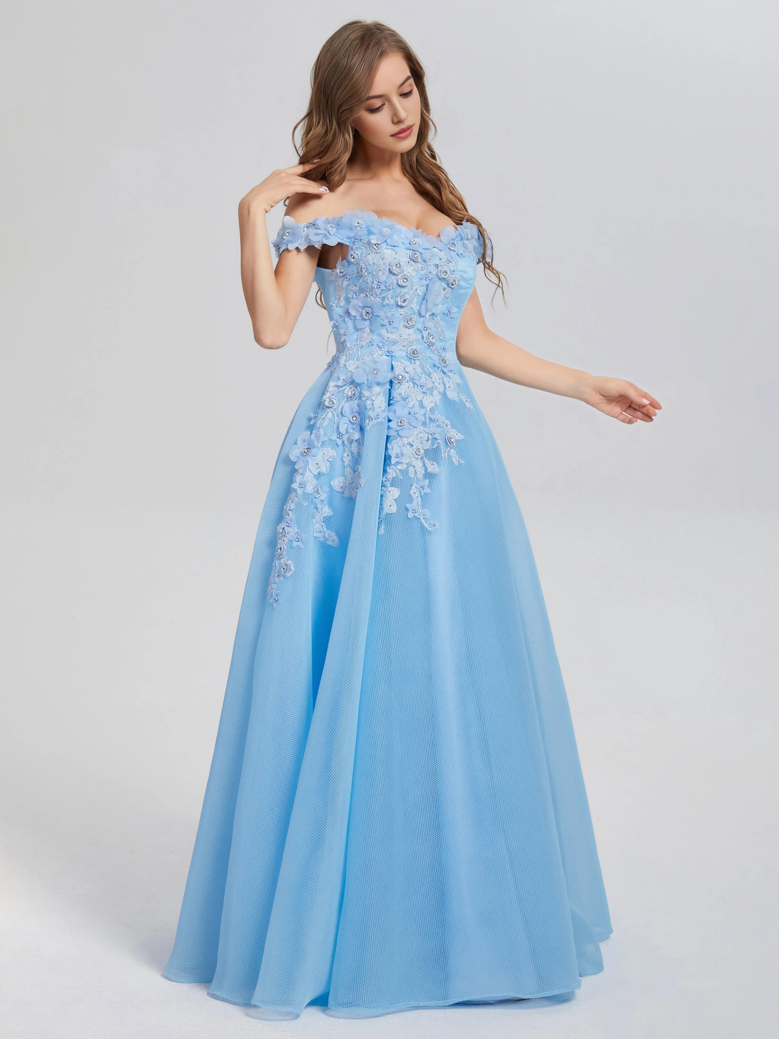 Elegant Light Blue Off - Shoulder A-line Off the Shoulder Appliques Prom Dress with 3D Floral Appliqués and Tulle  Skirt