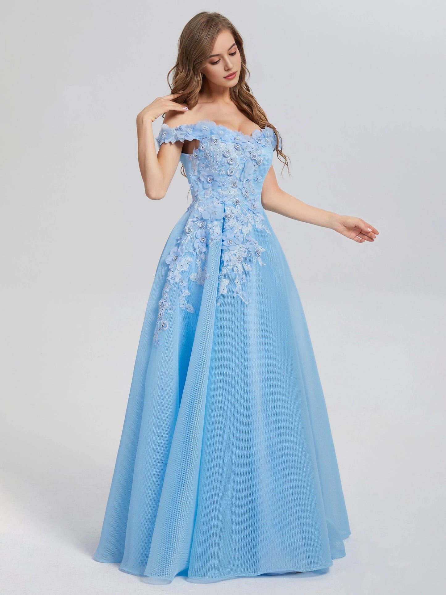 Elegant Light Blue Off - Shoulder A-line Off the Shoulder Appliques Prom Dress with 3D Floral Appliqués and Tulle  Skirt