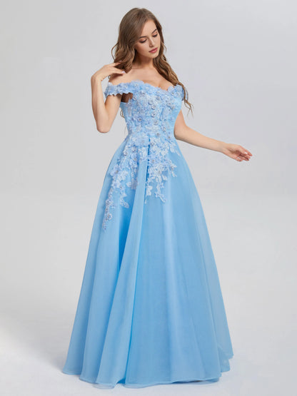 Elegant Light Blue Off - Shoulder A-line Off the Shoulder Appliques Prom Dress with 3D Floral Appliqués and Tulle  Skirt