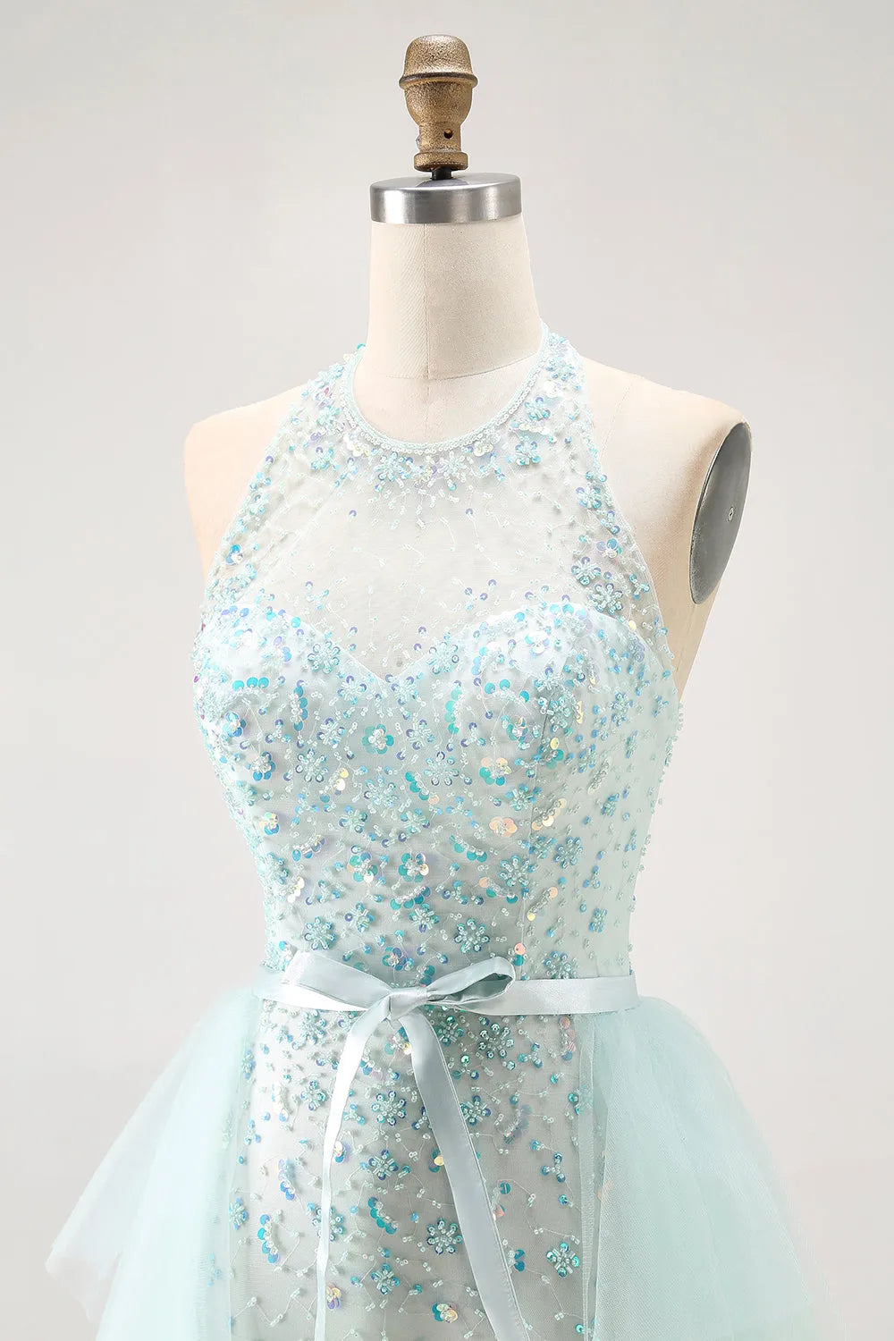 Elegant Light Green Sheath High Neck Sleeveless Lace Up Back Tiered Tulle Floor-Length Prom Dress with Beading