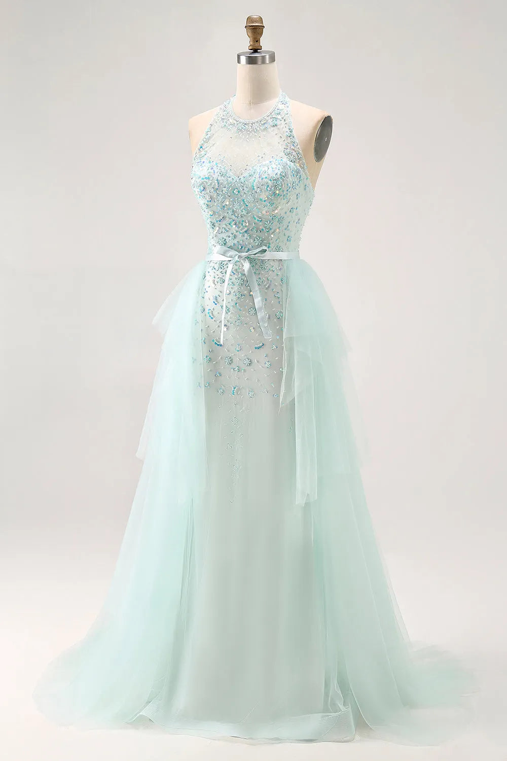 Elegant Light Green Sheath High Neck Sleeveless Lace Up Back Tiered Tulle Floor-Length Prom Dress with Beading