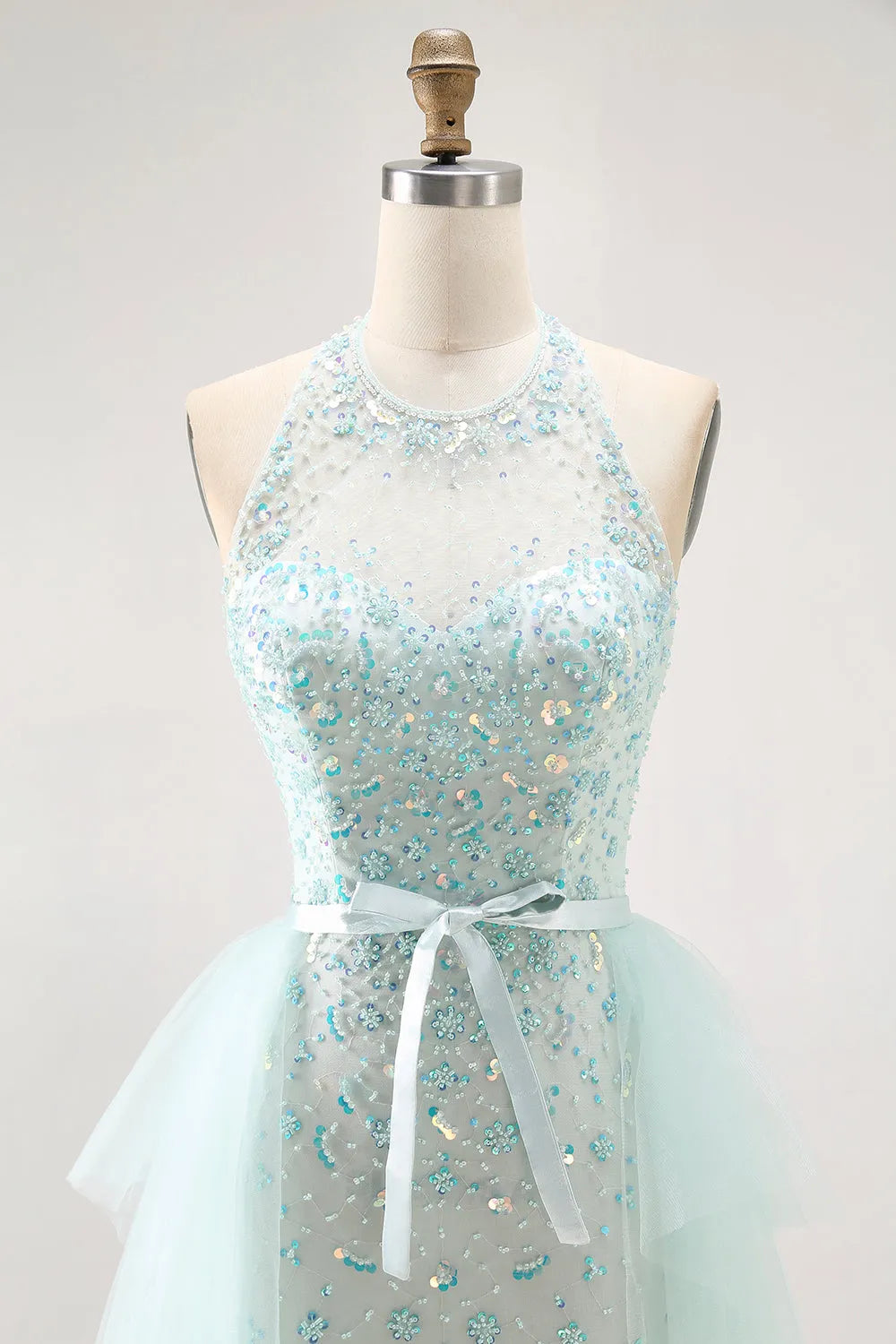 Elegant Light Green Sheath High Neck Sleeveless Lace Up Back Tiered Tulle Floor-Length Prom Dress with Beading