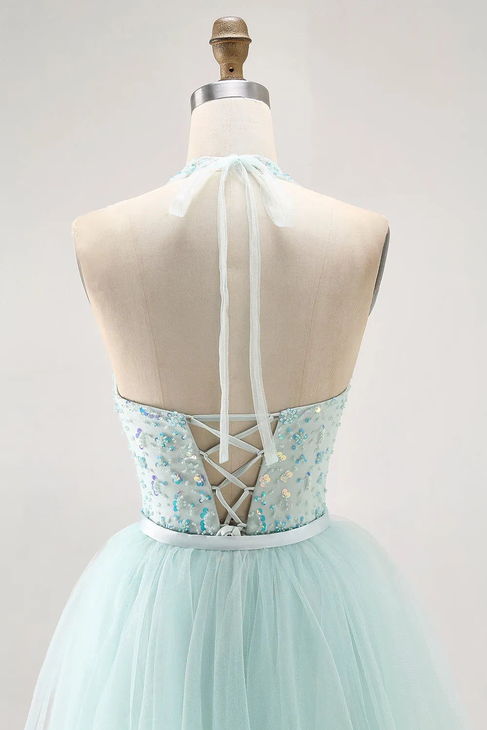 Elegant Light Green Sheath High Neck Sleeveless Lace Up Back Tiered Tulle Floor-Length Prom Dress with Beading
