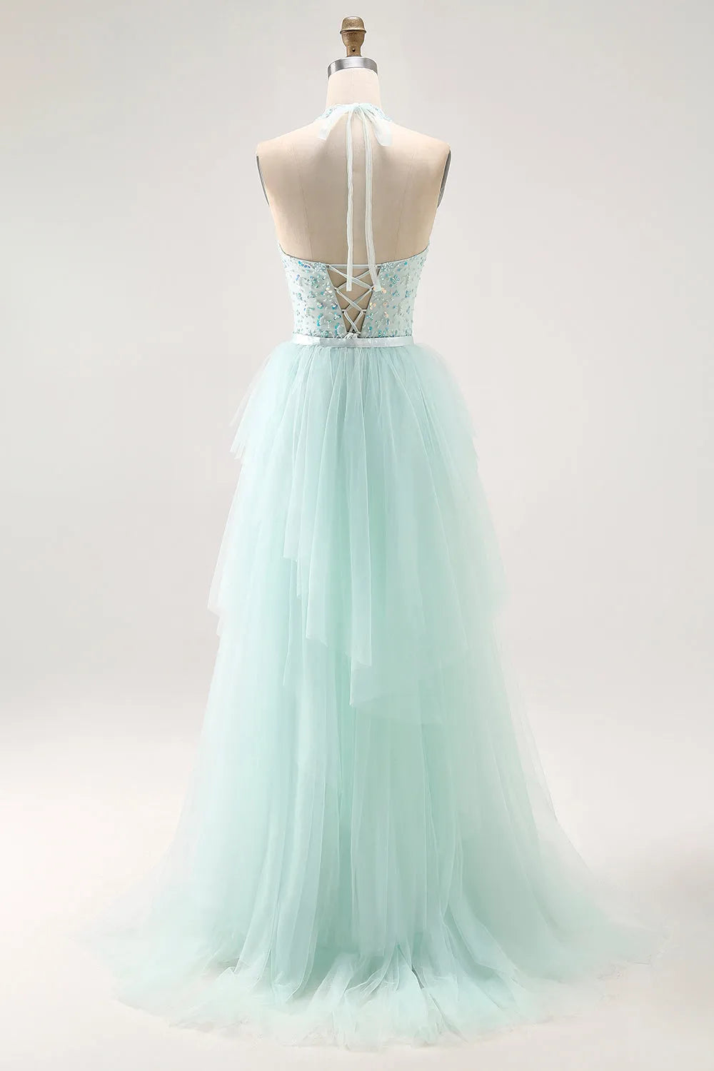 Elegant Light Green Sheath High Neck Sleeveless Lace Up Back Tiered Tulle Floor-Length Prom Dress with Beading