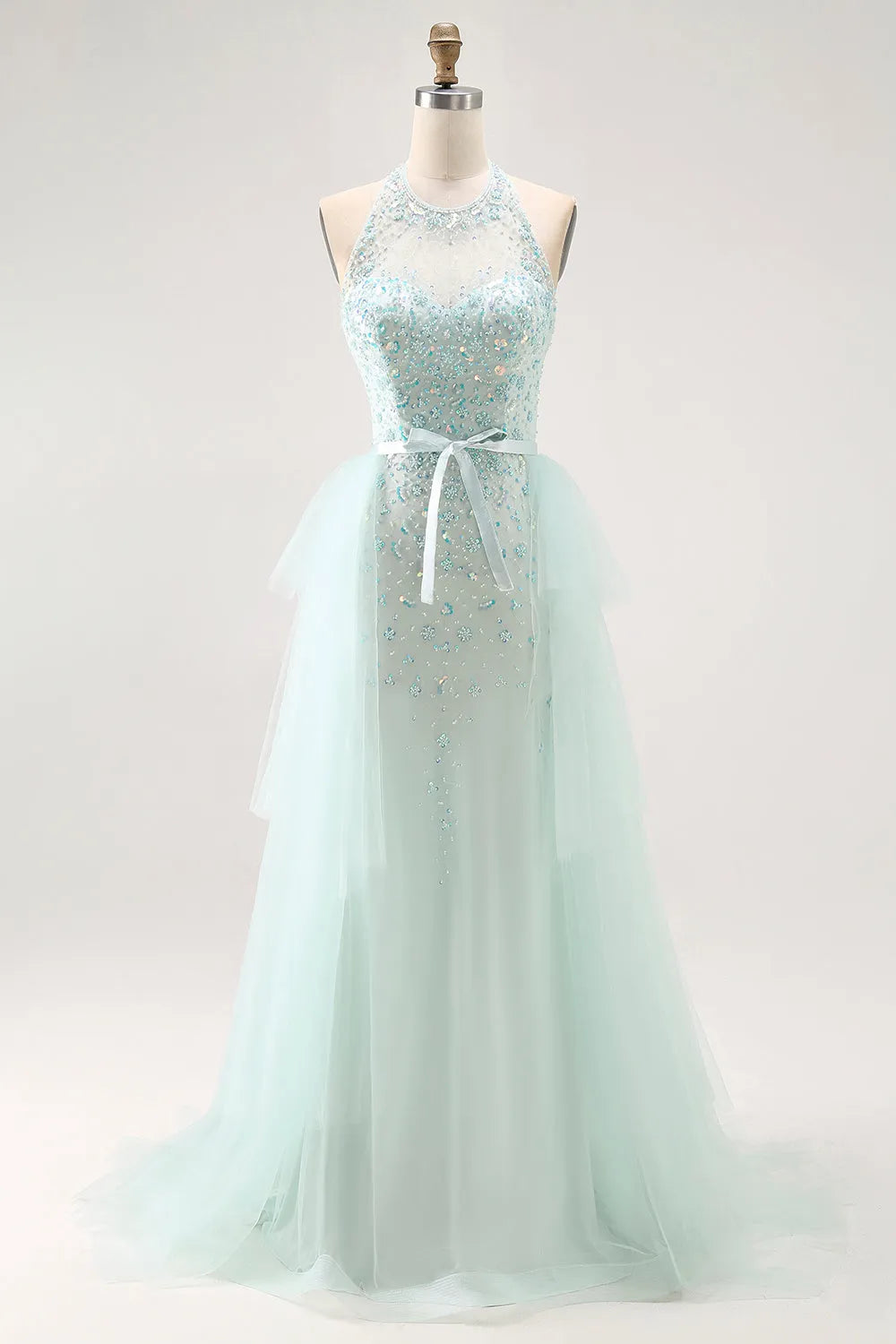 Elegant Light Green Sheath High Neck Sleeveless Lace Up Back Tiered Tulle Floor-Length Prom Dress with Beading